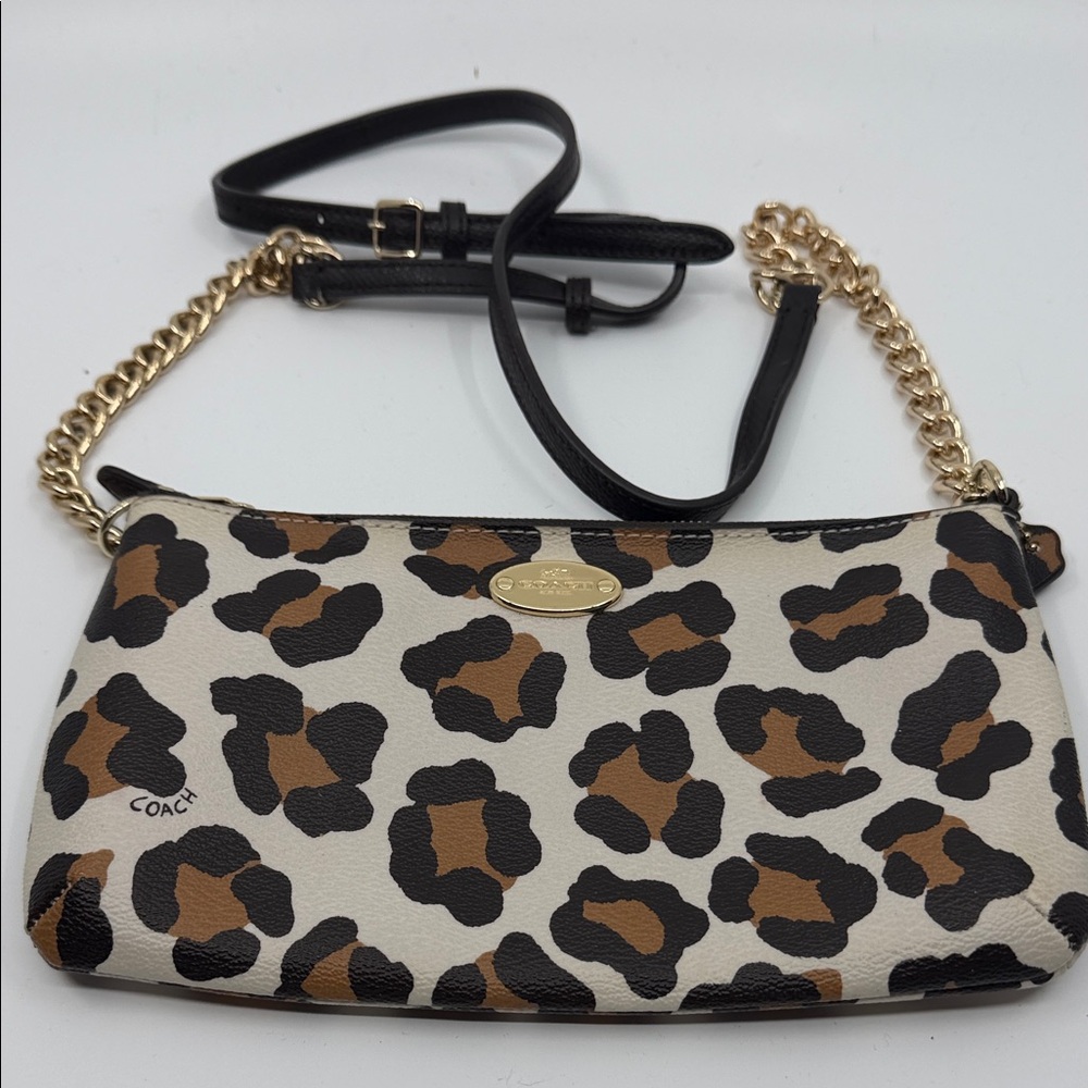 Coach Leopard Print Clutch in Black, Brown, Cream with Gold Chain